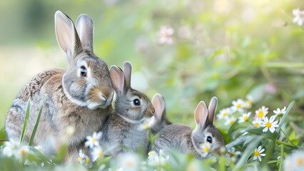 Obraz premium A rabbit family takes a group photo surrounded by spring flowers. Concept Spring Photoshoot, Flower Garden, Family Portraits, Cute Animals, Springtime Fun