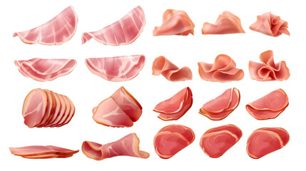Set of cooked ham slices isolated on transparent background