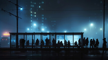 commuters waiting in line at a bus stop on a foggy night, their silhouettes obscured by mist and illuminated by the soft glow of city lights, evoking a sense of mystery and intrigue.