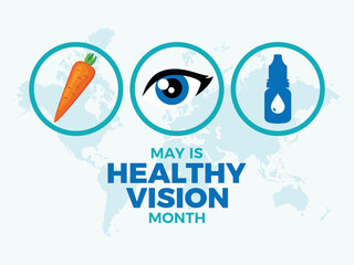 May is Healthy Vision Month poster vector illustration. Human eye, carrot, eye drops bottle icon set vector. Healthy vision graphic design element. Template for background, banner, card. Important day