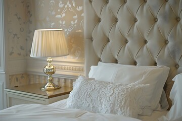 luxurious hotel room with an elegant headboard, plush white bedding, and soft lighting from vintage lamp on the bedside table