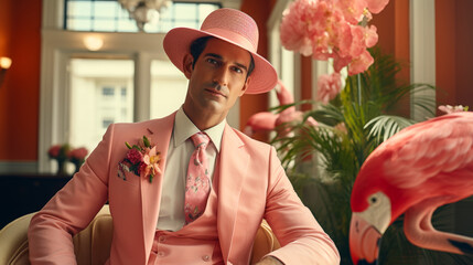 Picture a suave flamingo in a tailored linen suit, accessorized with a straw boater hat