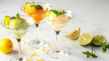 Colorful Citrus Sorbet in Elegant Glassware on Marble Surface