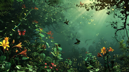 Enchanted forest scene with colorful flowers and butterflies