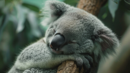 Obraz premium Adorable koala napping on branch in serene natural setting