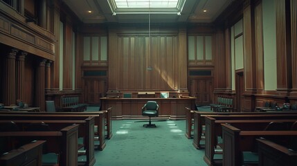 An empty courtroom with a judge's bench, jury box, and empty pews. - obrazy, fototapety, plakaty