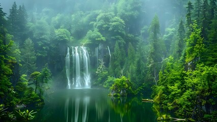 Waterfall in lush green British Columbia forest showcases the natural beauty of the Pacific Northwest. Concept Natural Beauty, Waterfalls, British Columbia, Pacific Northwest, Lush Forests