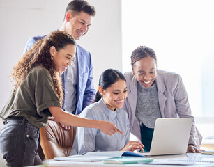 Office, team and laptop with teamwork, project and group collaboration for small business startup....