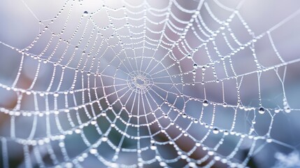 close - up of spider web covered in dew on a sunny day
