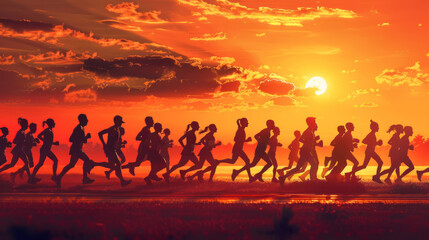 all ages and backgrounds participating in a marathon at dawn, their silhouettes blending together as they move forward in unity, representing the strength of diversity in sports.