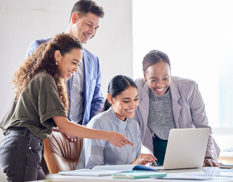 Office, team and laptop with teamwork, project and group collaboration for small business startup. Law firm, discussion and people support with company planning, management and intern training