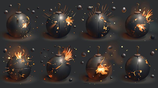 Realistic 3D modern set of bombs and firecrackers with glowing wicks. Explosive military tnt weapon or firecrackers and black balls with detonators for terrorism.