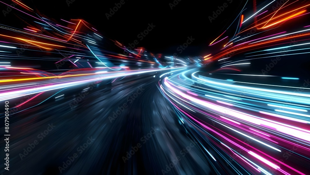 Poster futuristic neon light trails on a virtual reality background with motion blur. concept neon light tr