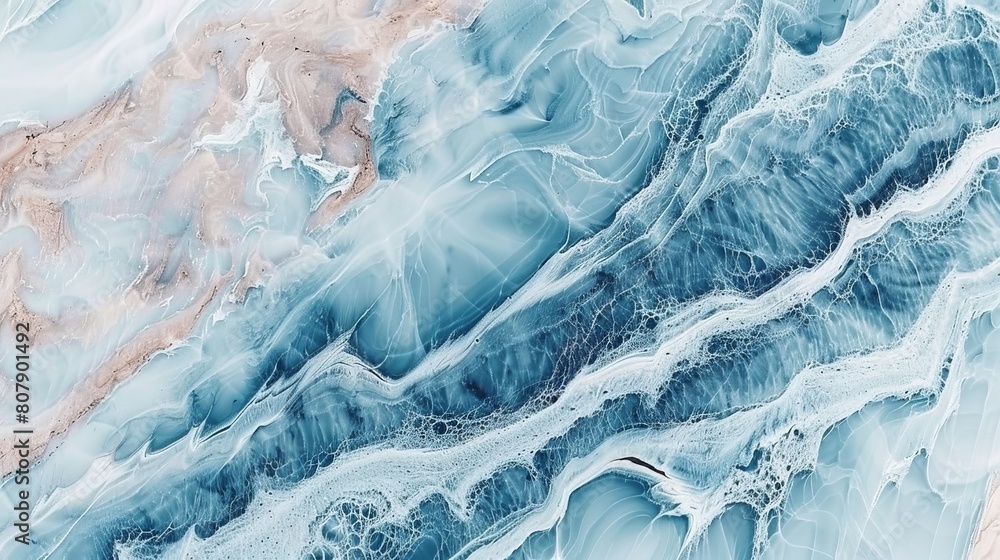 Poster detailed close-up view of a blue and white marble surface, showcasing intricate patterns and texture