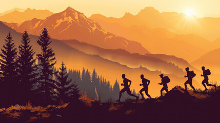 Fototapeta premium all ages and backgrounds participating in a marathon at dawn, their silhouettes blending together as they move forward in unity, representing the strength of diversity in sports.