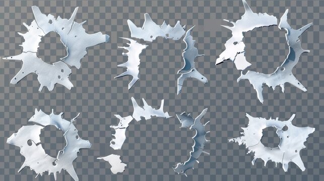 Rough metal rip holes with curled edges, ragged cracks, and cut damage isolated on transparent background. Torn slash, gun aperture design element isolated on transparent background.