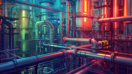 a chemical processing plant, with labyrinthine pipes and tanks holding colorful liquids, showcasing the infrastructure and processes involved in chemical manufacturing.