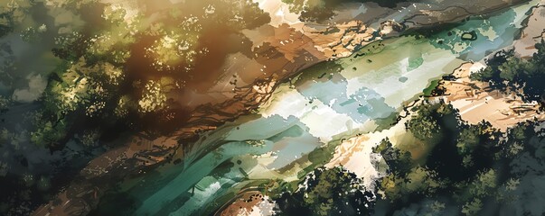 Embrace the interplay of light and shadows in a dynamic, aerial perspective, merging the fluidity of watercolor techniques with the precision of photorealistic digital overlays