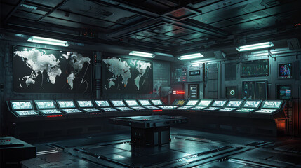 Underground bunker, control room, map, dark, futuristic. Generative AI.