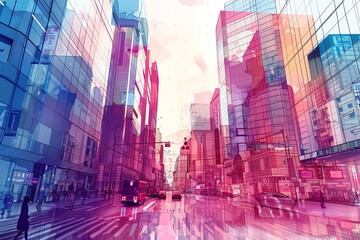Experiment with a watercolor aesthetic to showcase a panoramic view of a bustling metropolis infused with futuristic tech Play with distorted reflections in glass buildings to crea