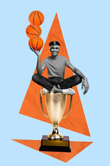 Trend artwork sketch image composite 3D photo collage of young sportive guy player hold hand with busket balls sit on prize trophy win