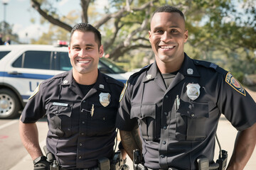 Fototapeta premium portrait of two smiling police officers, partners in uniform, standing shoulder to shoulder near a patrol car in the background. With a focus on their camaraderie and professionali