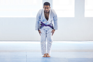 Man, bow and respect in karate for sport in fitness center for self defense, fighting and...