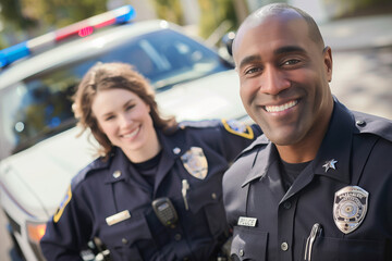 Fototapeta premium portrait close up of smiling police officers partners in uniform standing together near patrol car on the background and look at camera
