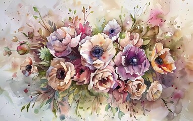 Watercolor Bouquet with Anemones, Peonies and Ranunculus. 