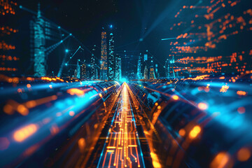 Futuristic cityscape with glowing pipes and circuit traces