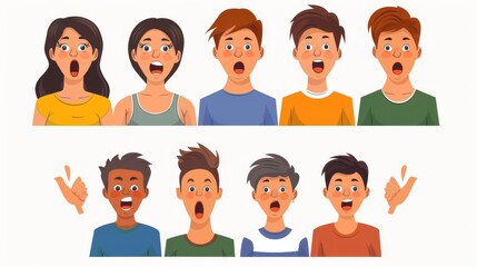 Young people with surprised face expressions on white background. Flat modern characters collection of astonished men and women with open mouths and excitement. Wow effect emotions Amazing news.