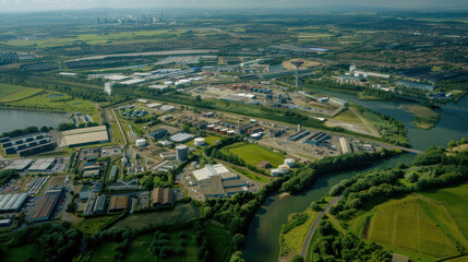 Obraz premium a sprawling industrial park, with factories and warehouses nestled among green spaces and waterways, illustrating the integration of industry with the surrounding environment.