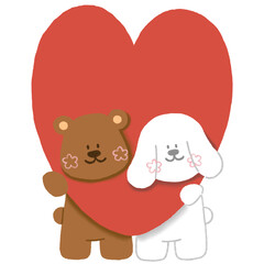 cute teddy bear with white dog are in love with big heart on white background. bubble word for Valentines day decoration card. illustration sign/label.