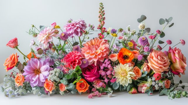 colorful floral bouquet arrangement featuring pink, red, orange, yellow, and white flowers arranged in a vase against a white wall