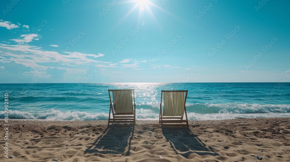 Poster two empty lounge chairs placed on a sandy beach, overlooking the vast ocean with gentle waves rollin
