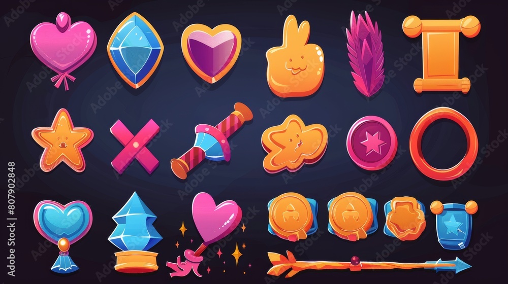 Poster an icon set of cookie game interface cartoons. modern illustrations of ui elements including menus, 