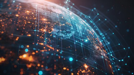 Obraz premium Digital world globe, concept of global network and connectivity on Earth, high speed data transfer and cyber technology, information exchange and international telecommunication 