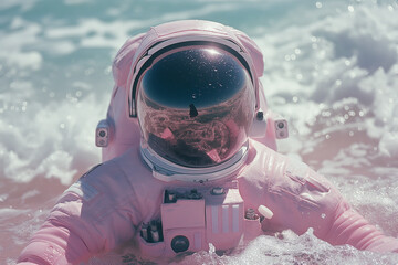 Astronaut in pink space suit swimming in the ocean. Abstract summer concept.