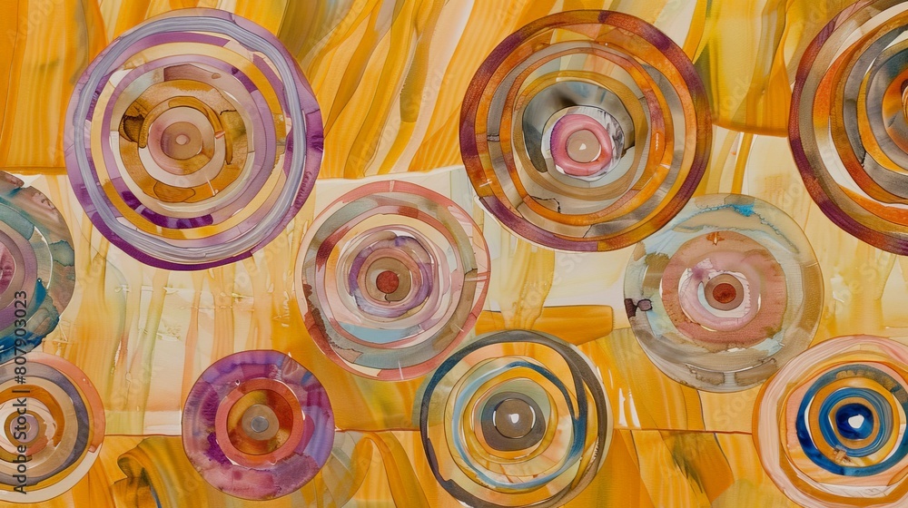 Poster a painting featuring numerous vibrant circles in various sizes and colors set against a bright yello