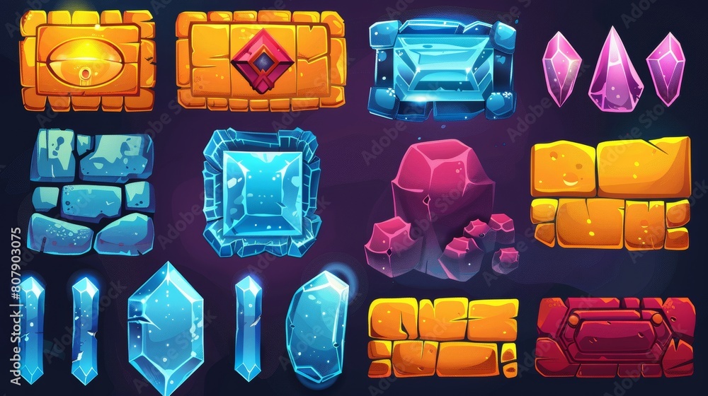 Poster ui app buttons, icons, board or plaques set in stone and crystal. cartoon rocky and glossy menu inte