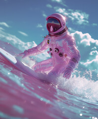 Astronaut in pink space suit surfing on a surfboard in the ocean. Abstract summer concept. Neon colors.