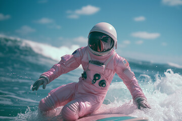 Astronaut in pink space suit surfing on a surfboard in the ocean. Abstract summer concept.