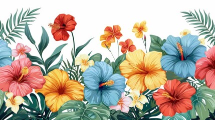 colorful tropical flowers in red, orange, yellow, and blue arranged on a isolated background