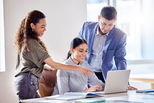 Office, team and laptop with discussion, project and group collaboration for small business startup. Law firm, teamwork and employee support with company planning, management and intern training