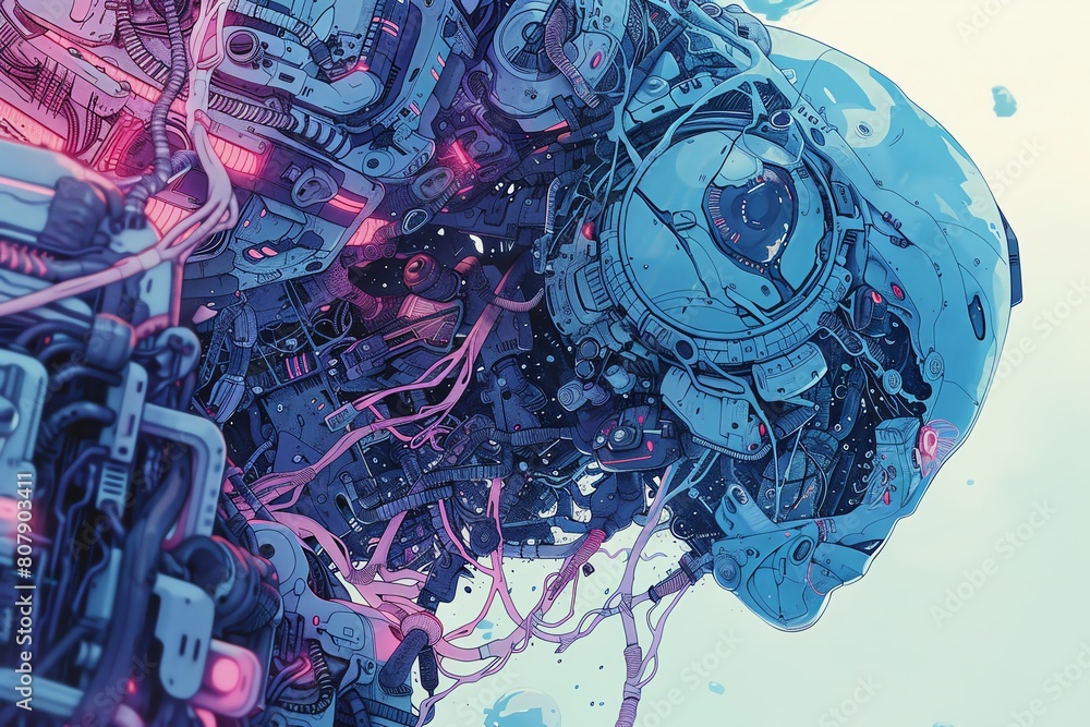 Poster illustrate a side view of futuristic technologies intertwined with intricate neural patterns