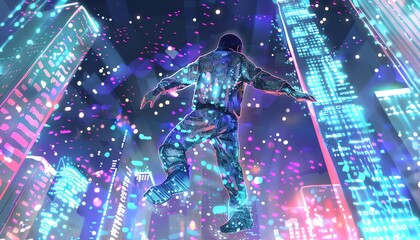 Illustrate an electric krump dancer amidst holographic projections of binary code against a backdrop of neon-lit skyscrapers using dynamic low-angle framing