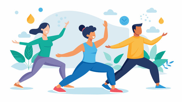 A guided tai chi class using deliberate and mindful movements to improve balance and promote mental clarity.. Vector illustration