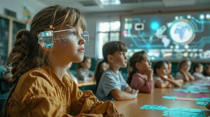 A close-up of an elementary school student in a classroom with CGI technology shows how AI can contribute to a personalized learning experience and efficiency in the education system.