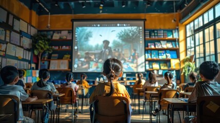 Obraz premium An elementary school student in a classroom filled with CGI technology overlays shows how AI can contribute to a personalized learning experience and efficiency with the education system.