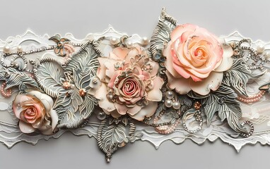 Decorative ornaments, paisley elements, delicate textured leaves made of delicate lace and pearls. Gem sparkling curls, pink roses.